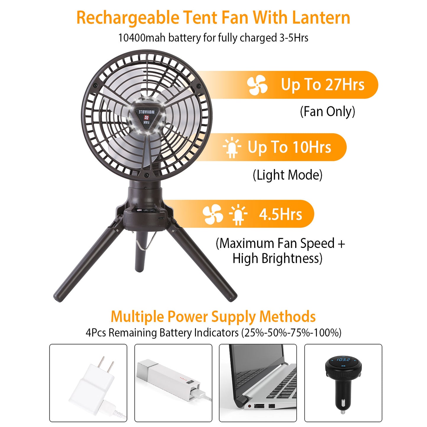 10400mAh Portable Camping Fan with LED Light - Black