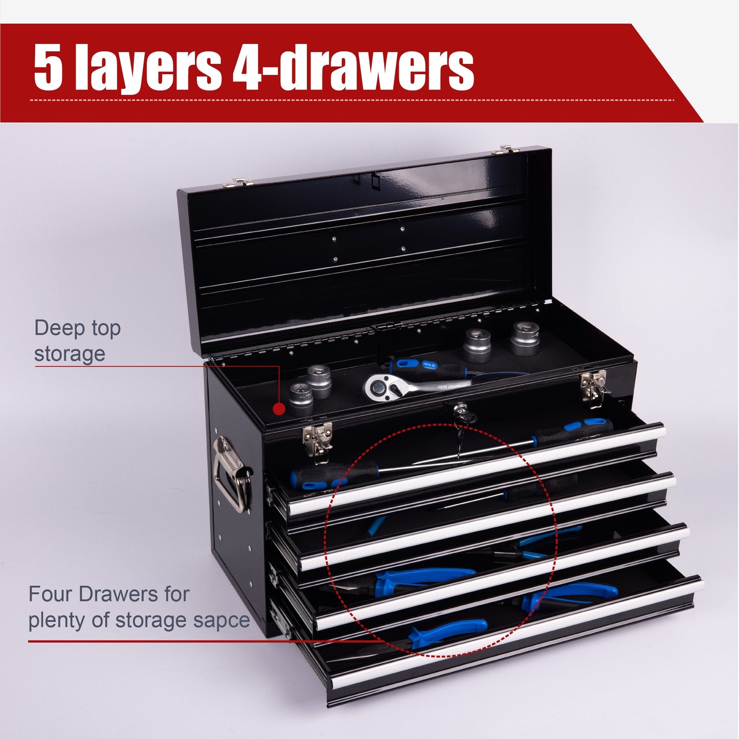 Heavy Duty Metal Tool Box 21-Inch with 4 Drawers and Locking Mechanism
