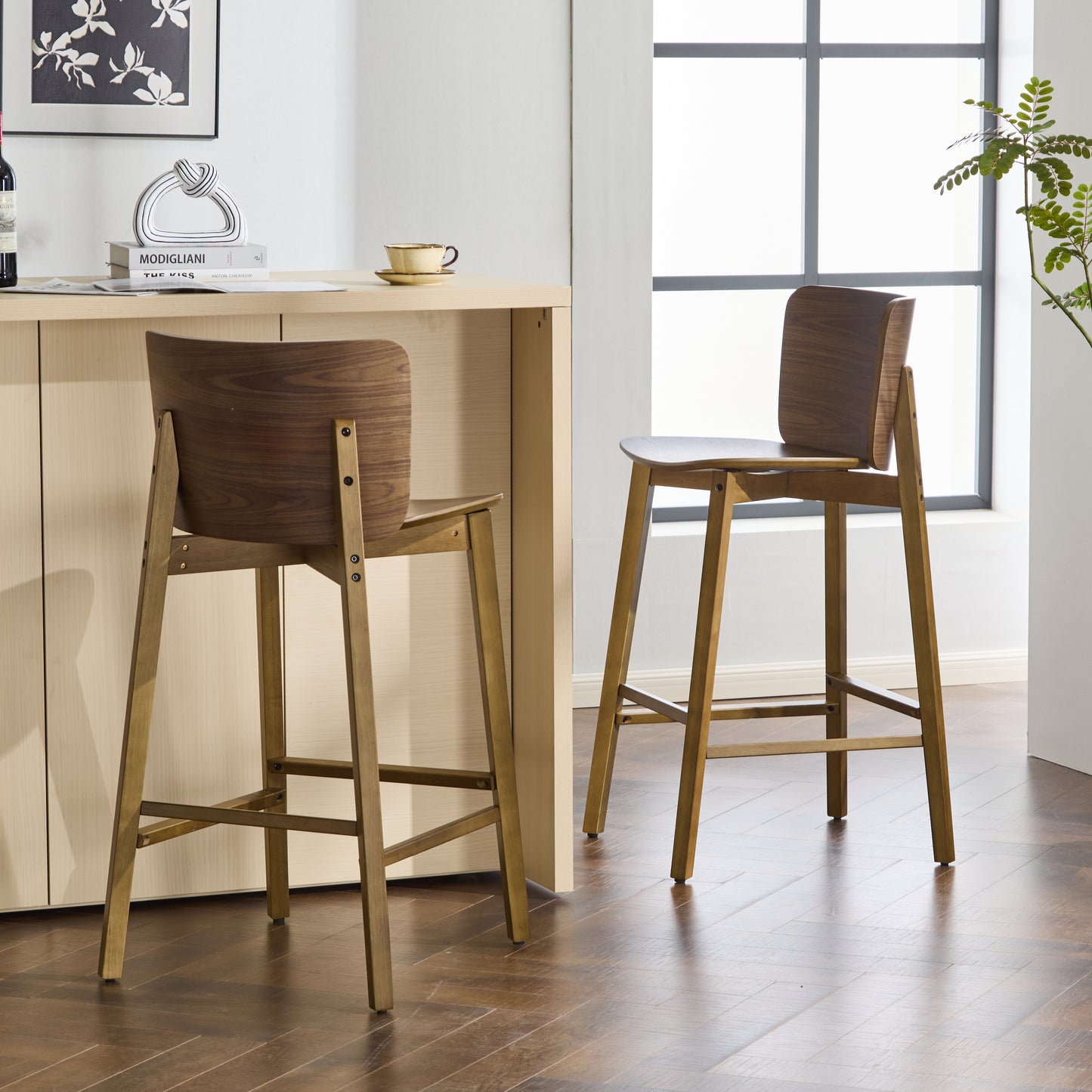 Pari Indoor Wooden Barstool, Walnut Finished, Set Of 2