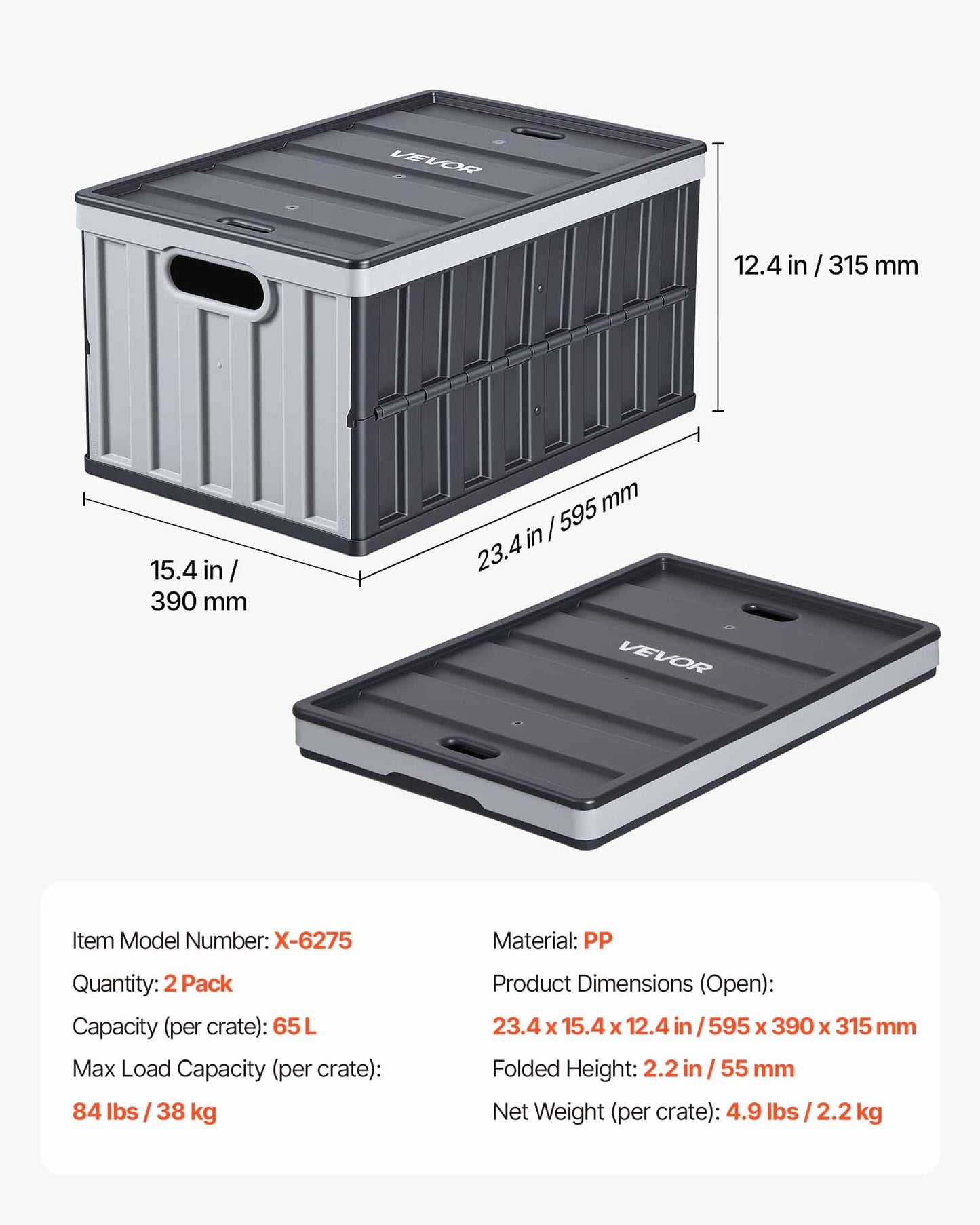 Heavy Duty Collapsible Storage Bins with Lids - 65L Space-Saving Plastic Crates, Stackable & Foldable, Black