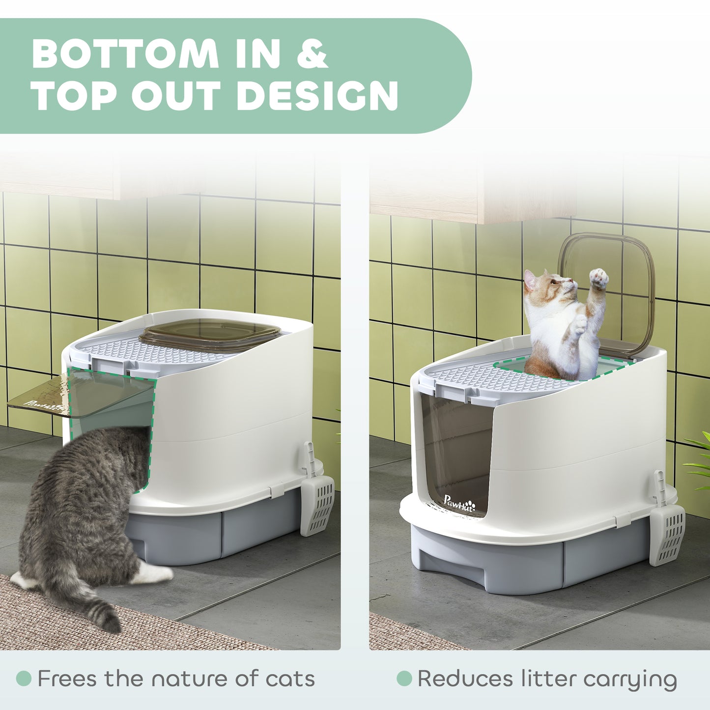 Gray Cat Litter Box with Lid, Drawer, Scoop & Top Entry - Odor Control