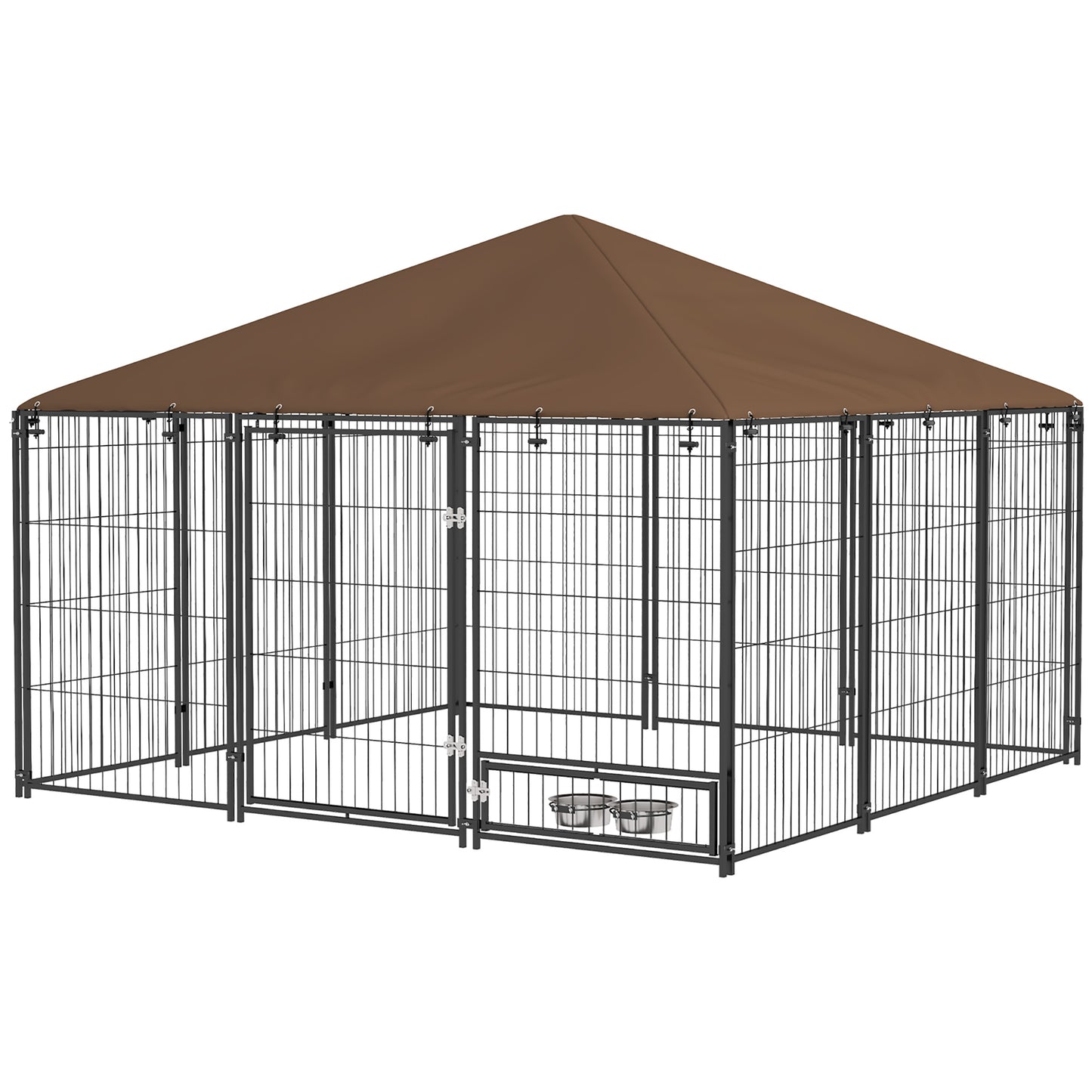 Outdoor Dog Kennel with Canopy, 6.9 x 4.6 ft Puppy Playpen with Rotating Bowls - Black