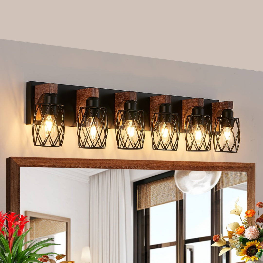 Industrial Vintage 6-Light Wall Sconce - Black Metal & Wood Accent