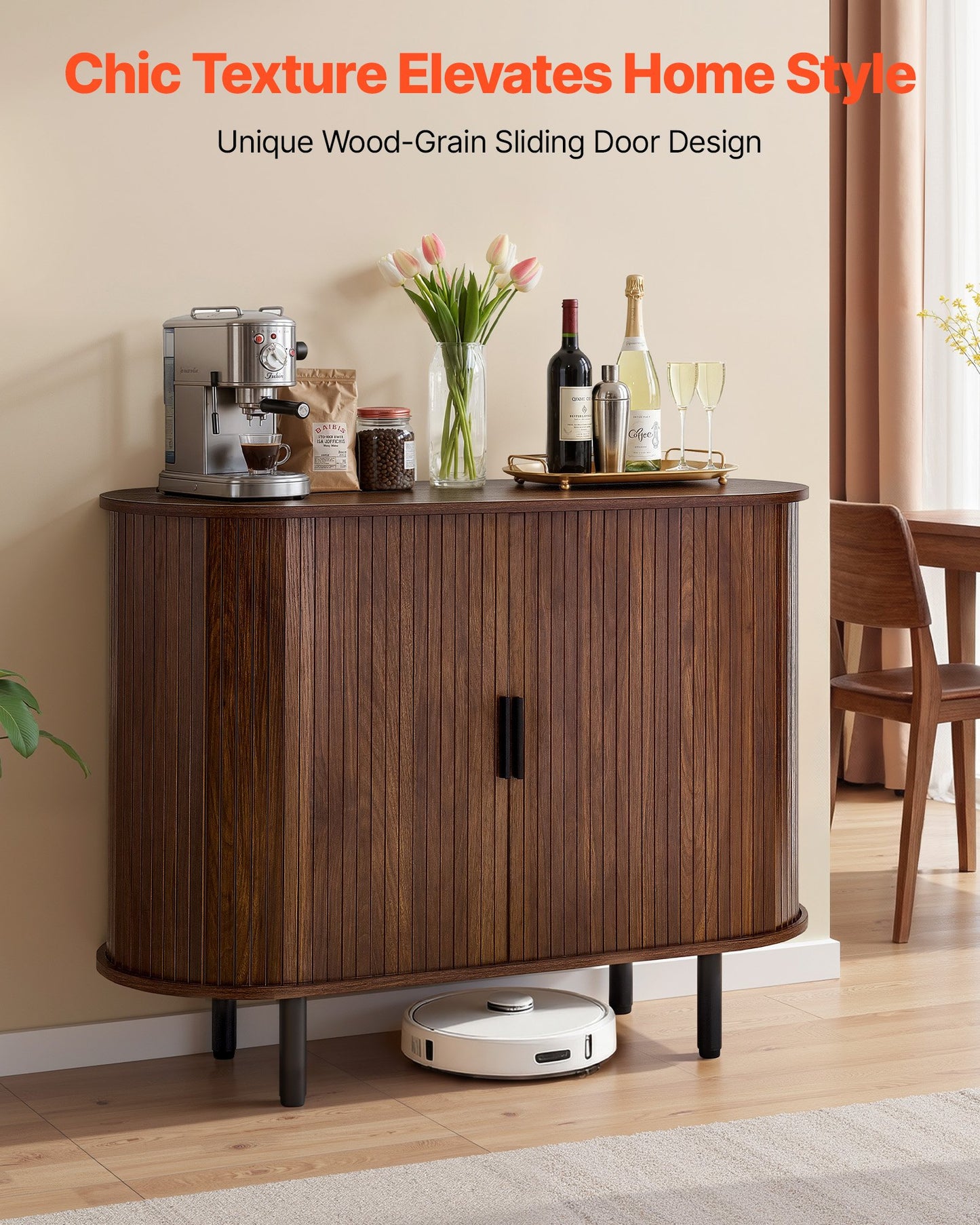 Mid Century Coffee Bar Cabinet with Sliding Doors - Walnut Finish, Versatile Storage