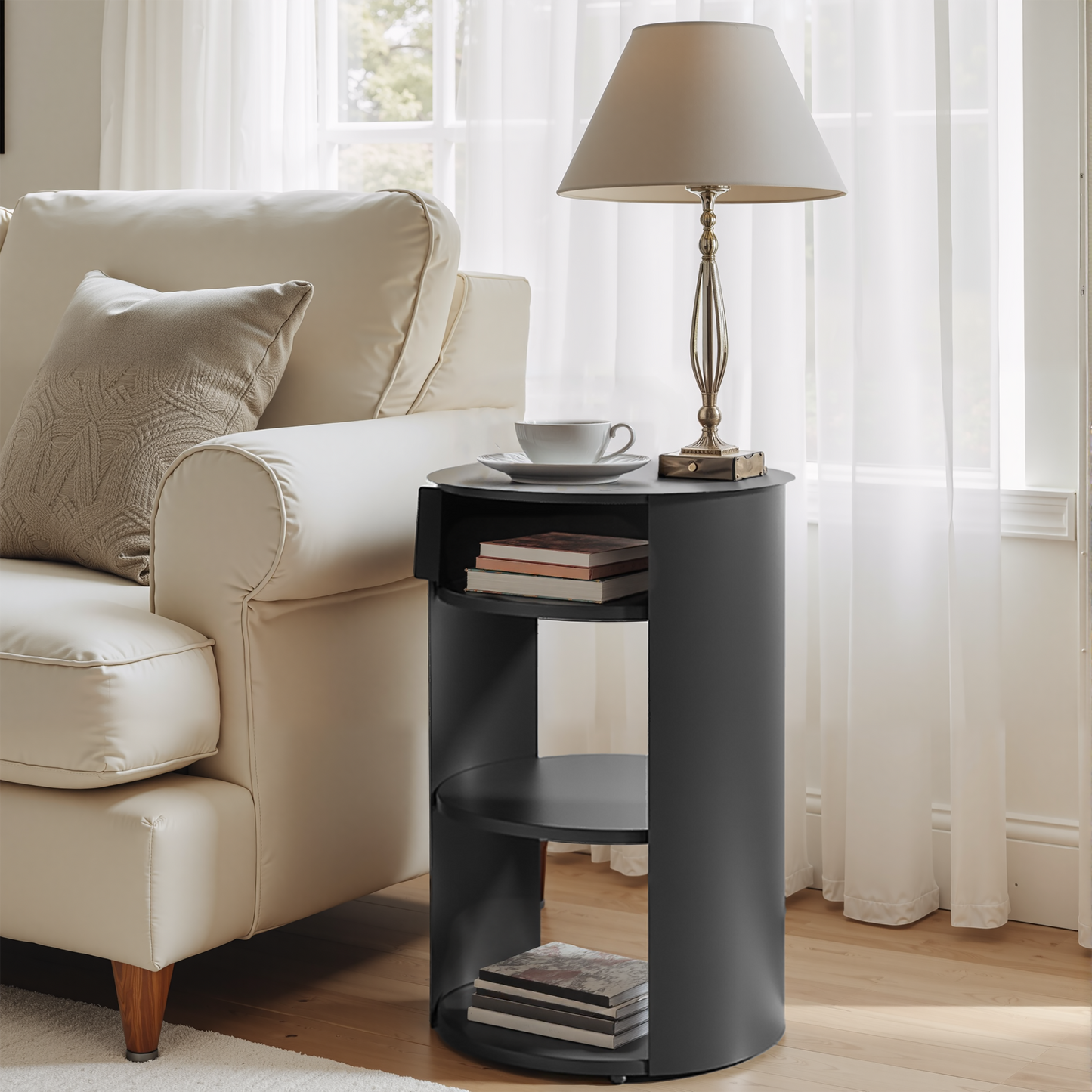 Indoor 3-Tier Metal Round Side Table With Sliding Door Cabinet, Matte