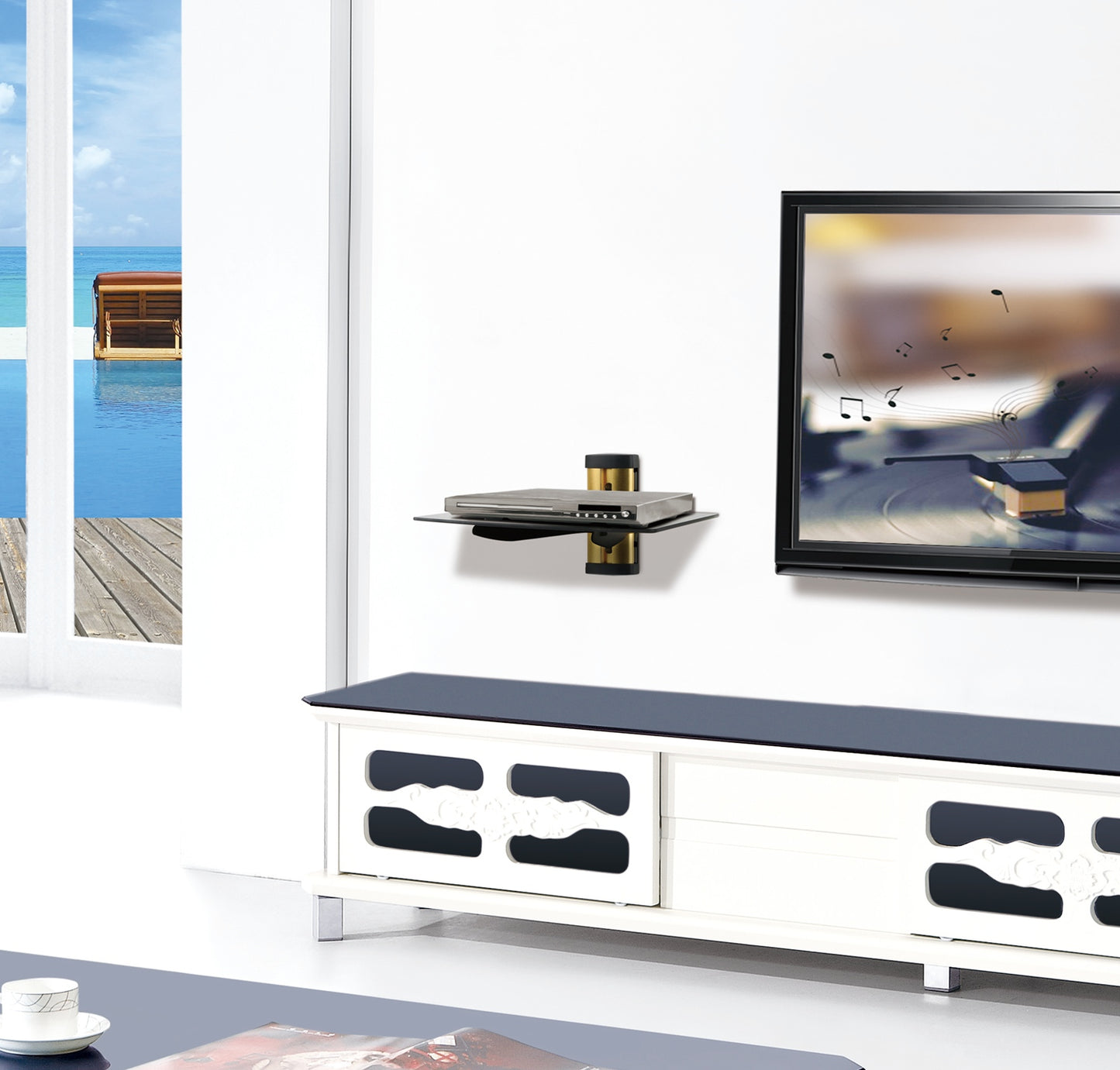 Floating Wall Shelf - Tempered Glass Storage for DVD & Cable Boxes - Gold