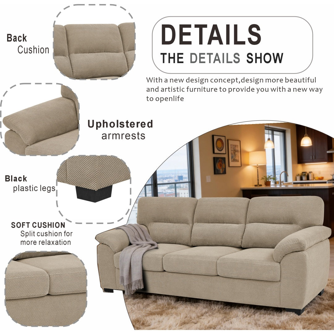 Modern 3-Seater Sofa - Upholstered Textured Fabric Couch - Camel