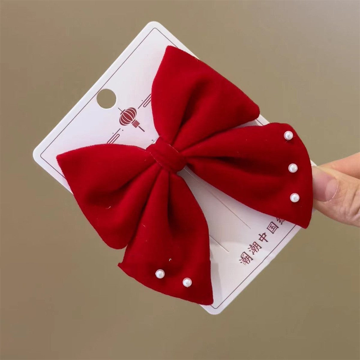 Red Bow Hair Clips for Girls - Flocking Hair Accessories with Pearl Detail