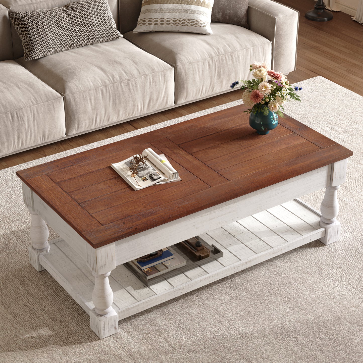 Retro Lift-Top Coffee Table with Storage - Antique Espresso & White