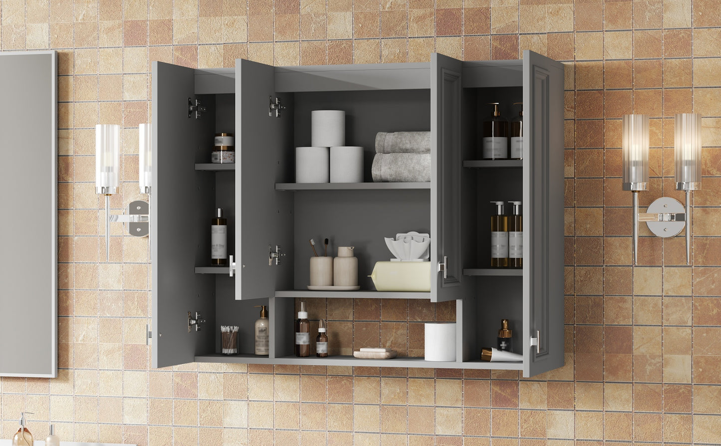 Wall-Mounted Modern Bathroom Cabinet with 5 Adjustable Shelves - Gray