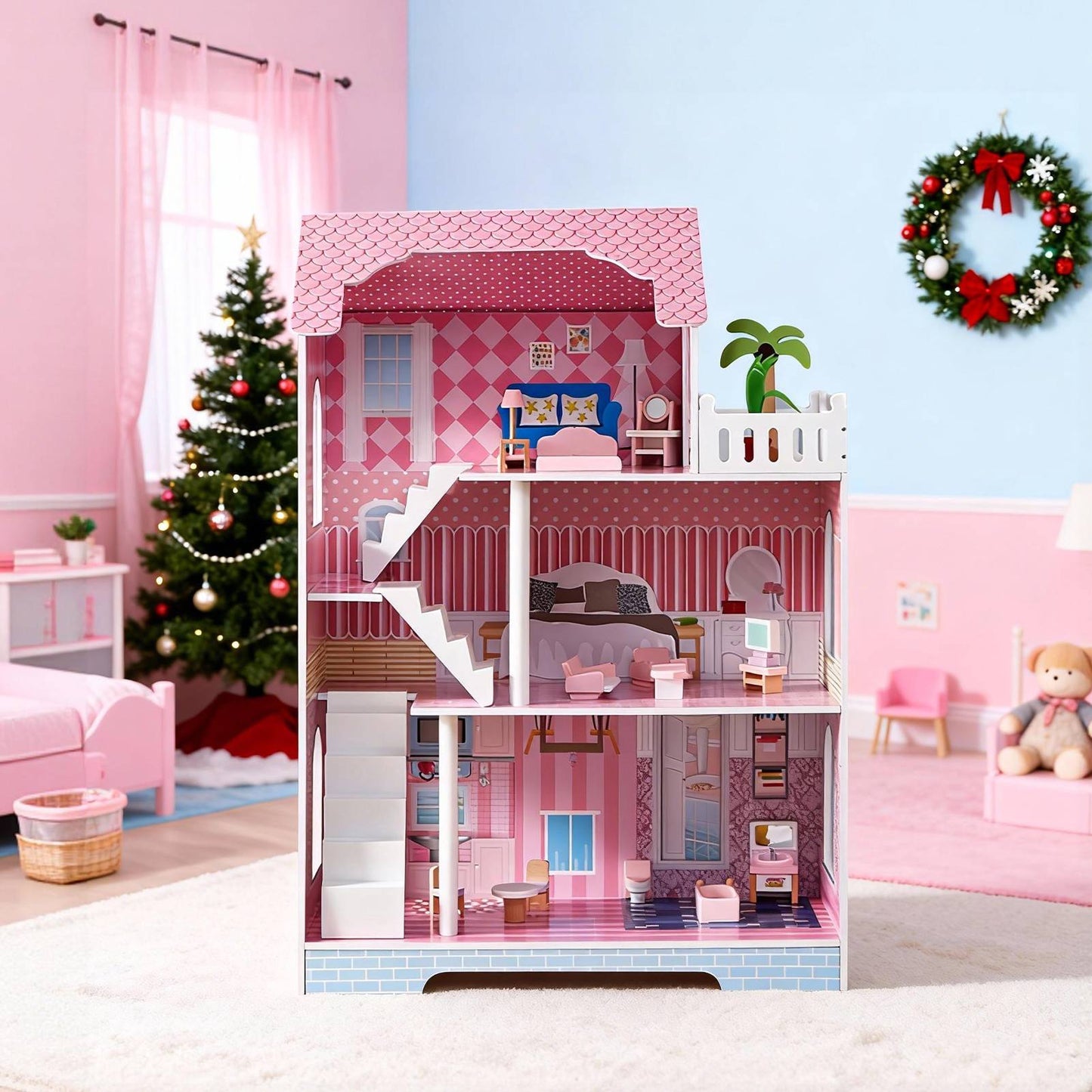 3 Tier Kids Dollhouse With Roof Window And Furniture Wooden Mini Doll