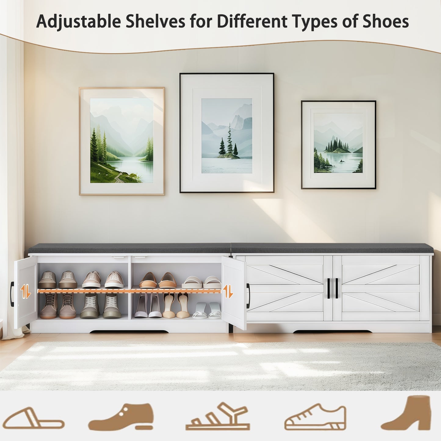 2-Tier Storage Bench, Farmhouse Shoe Bench With Padded Seat Cushion,