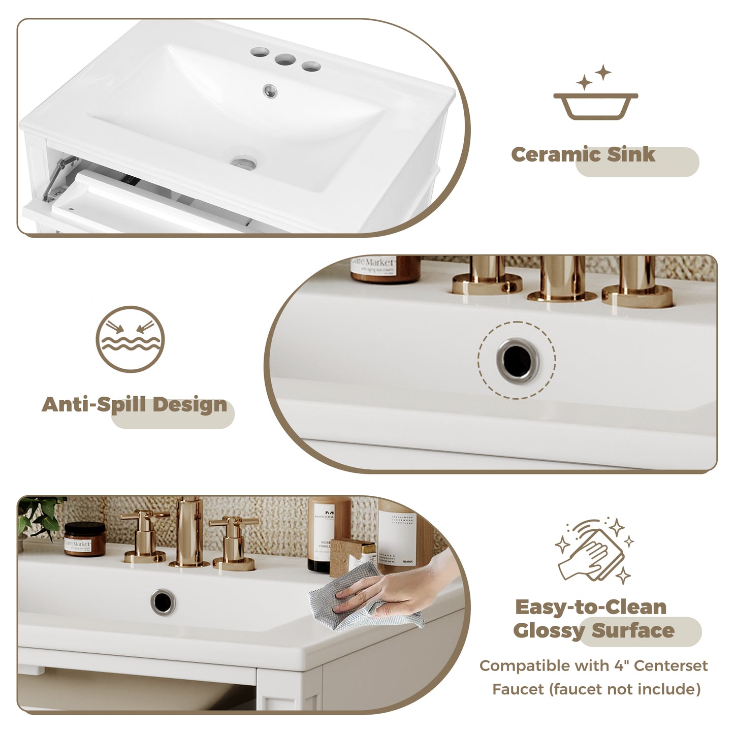 24-Inch Modern Bathroom Vanity with Ceramic Sink & 3 Drawers - White