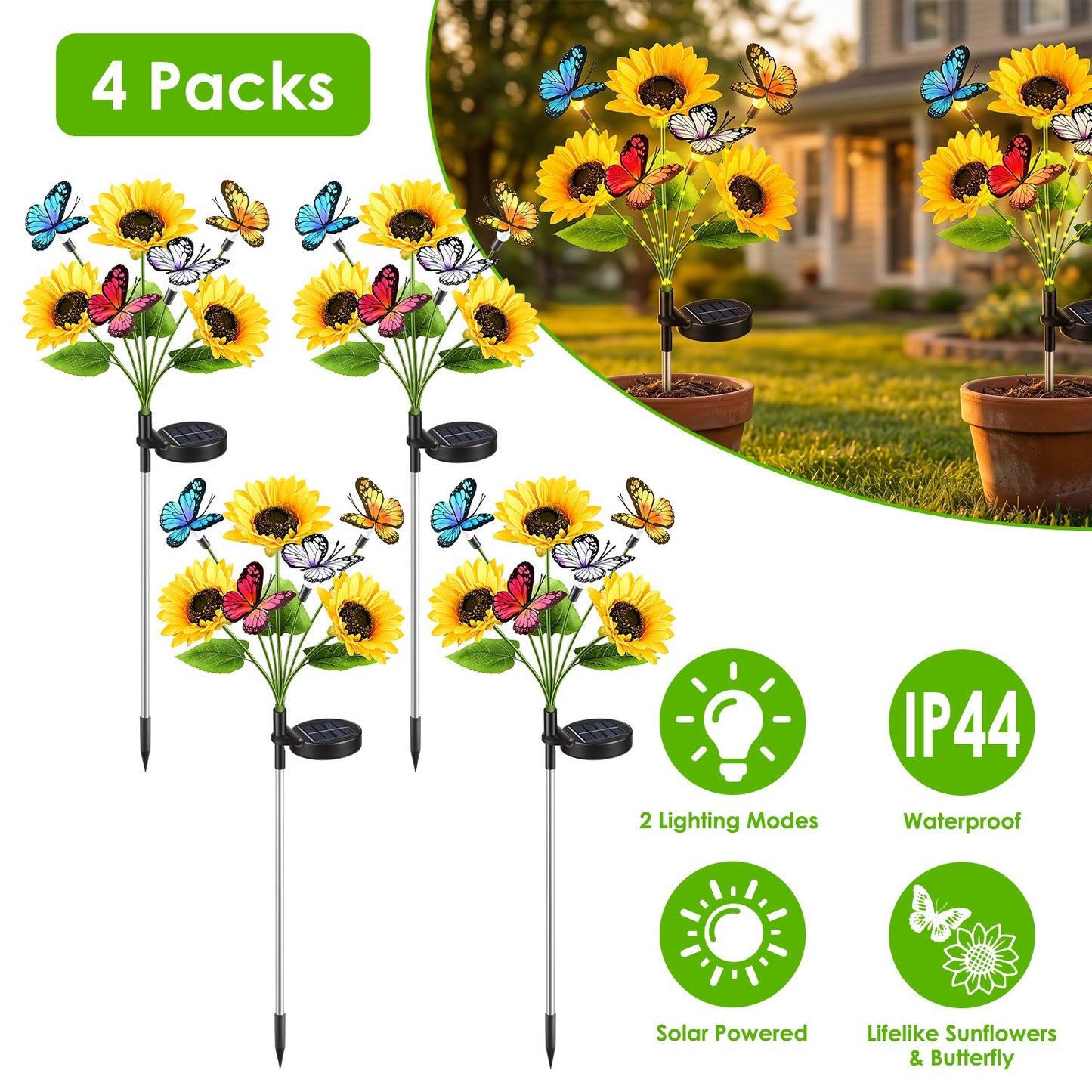 Solar Sunflower Garden Lights 4-Pack Waterproof Outdoor Pathway Decor