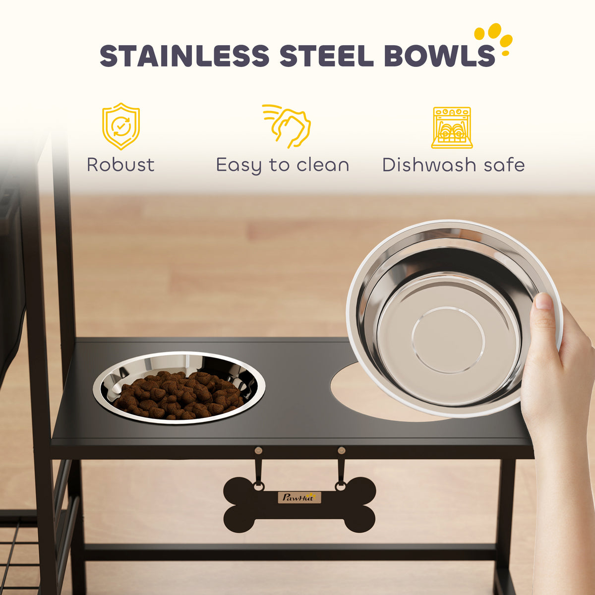 Height Adjustable Dog Bowl Stand with 4 Elevated Bowls and Toy Bin - Black