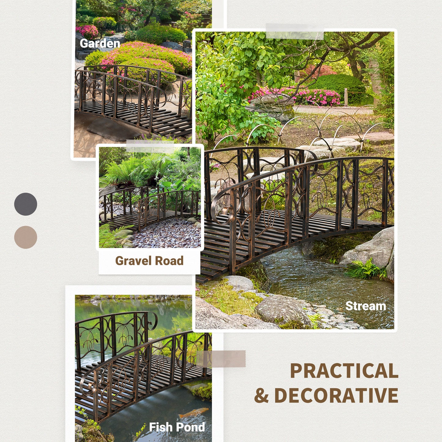 Metal Garden Bridge with Safety Rails & Vine Motifs, 660 lbs Capacity, Easy Assembly