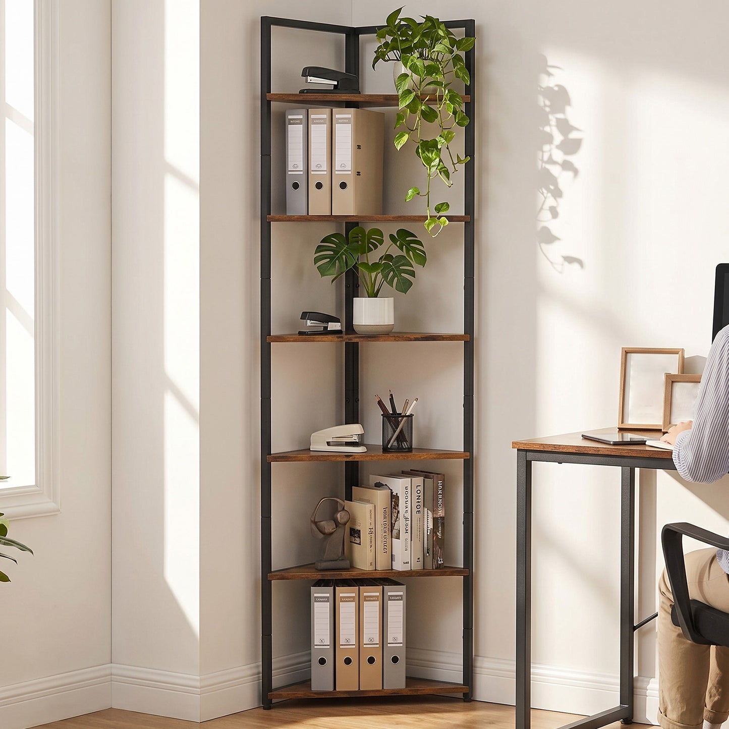 6-Tier Corner Shelf - Wooden Bookshelf with Metal Frame, 71.7 Inch