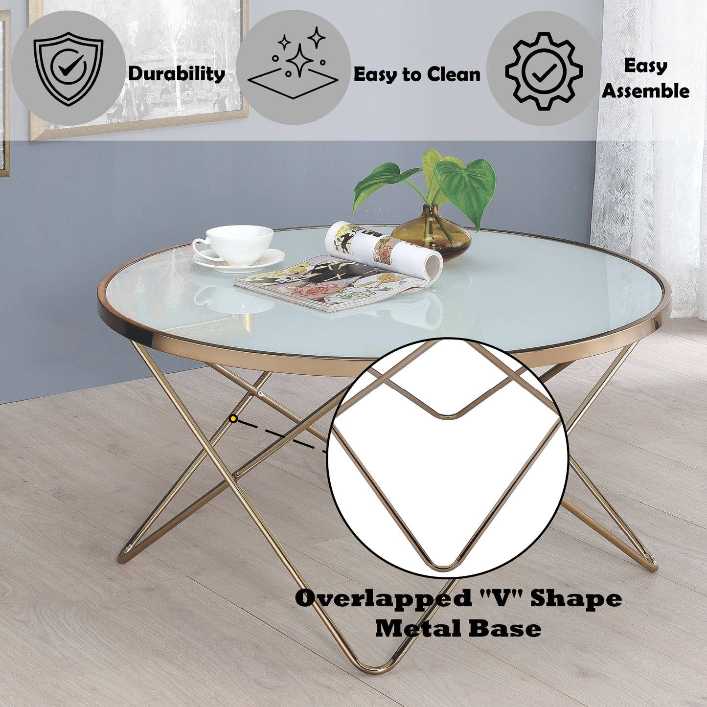 Champagne Finish Coffee Table with Frosted Glass Top