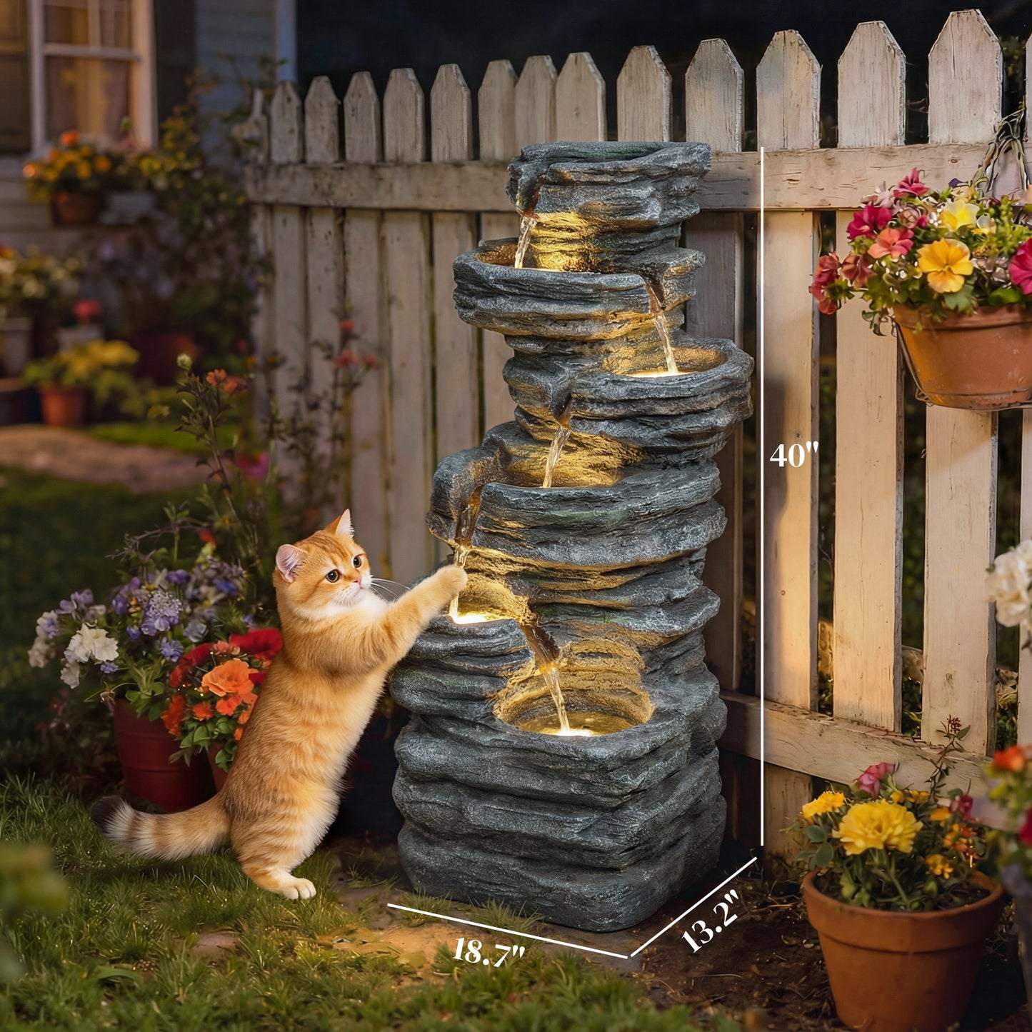 40-Inch Outdoor Water Fountain with LED Lights 6-Tier Cascading Resin Garden Feature - Gray