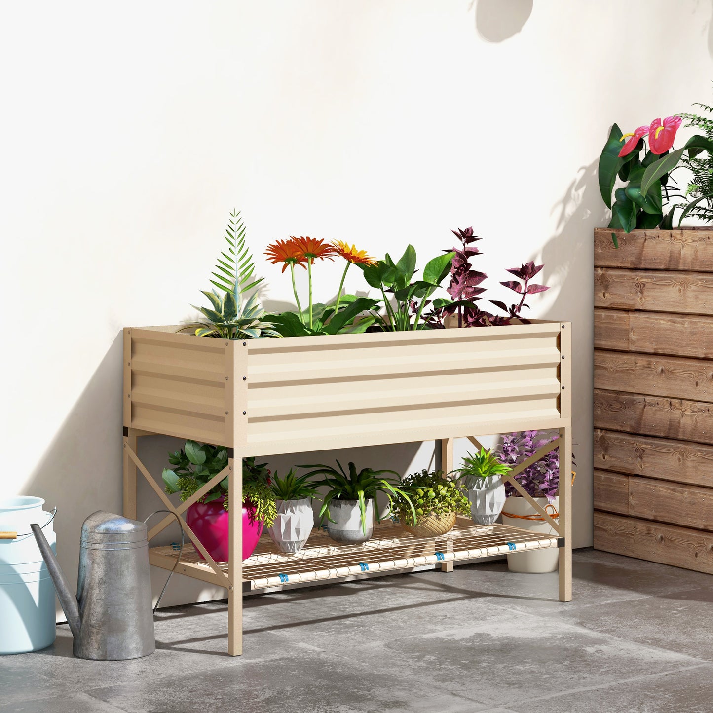 Galvanized Raised Garden Bed with Legs and Storage Shelf - Cream, 41x21 Inches