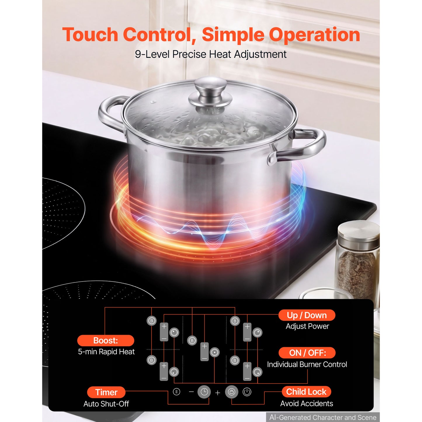 30-Inch Induction Cooktop with 5 Burners, Touch Screen, 9 Power Levels, 220V Kitchen Stove