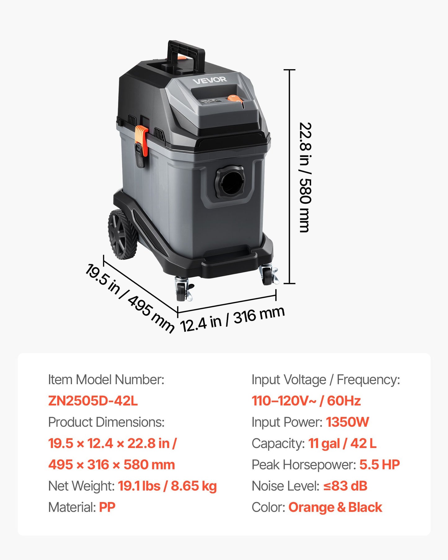 11 Gallon Commercial Wet Dry Shop Vacuum - 5.5 Peak HP Portable Industrial Cleaner