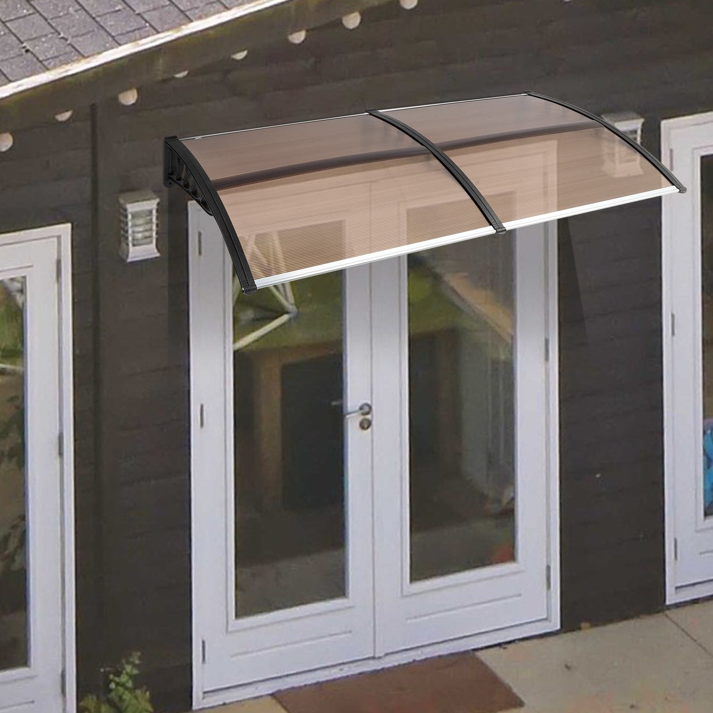 80x38in Outdoor Door Window Awning with Brown Polycarbonate Panel & Black Bracket - Rain Snow Sun Shade Cover, Durable 10-Year