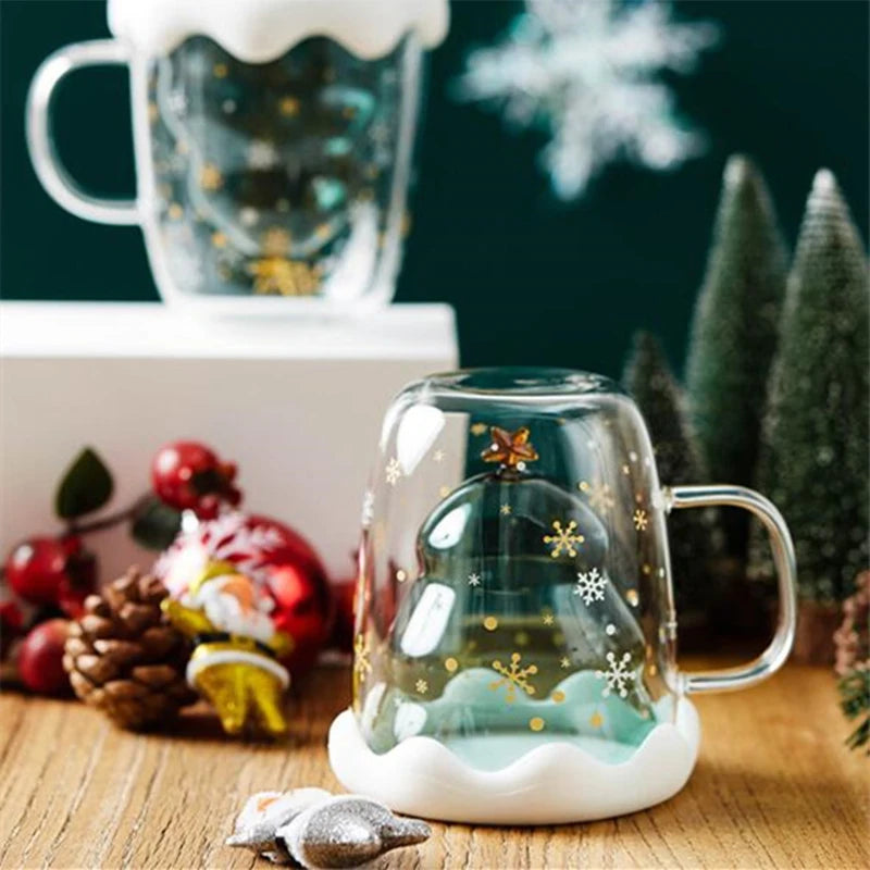Christmas Tree Mug Double Walled Borosilicate Glass Cup with Handle - Holiday Drinkware