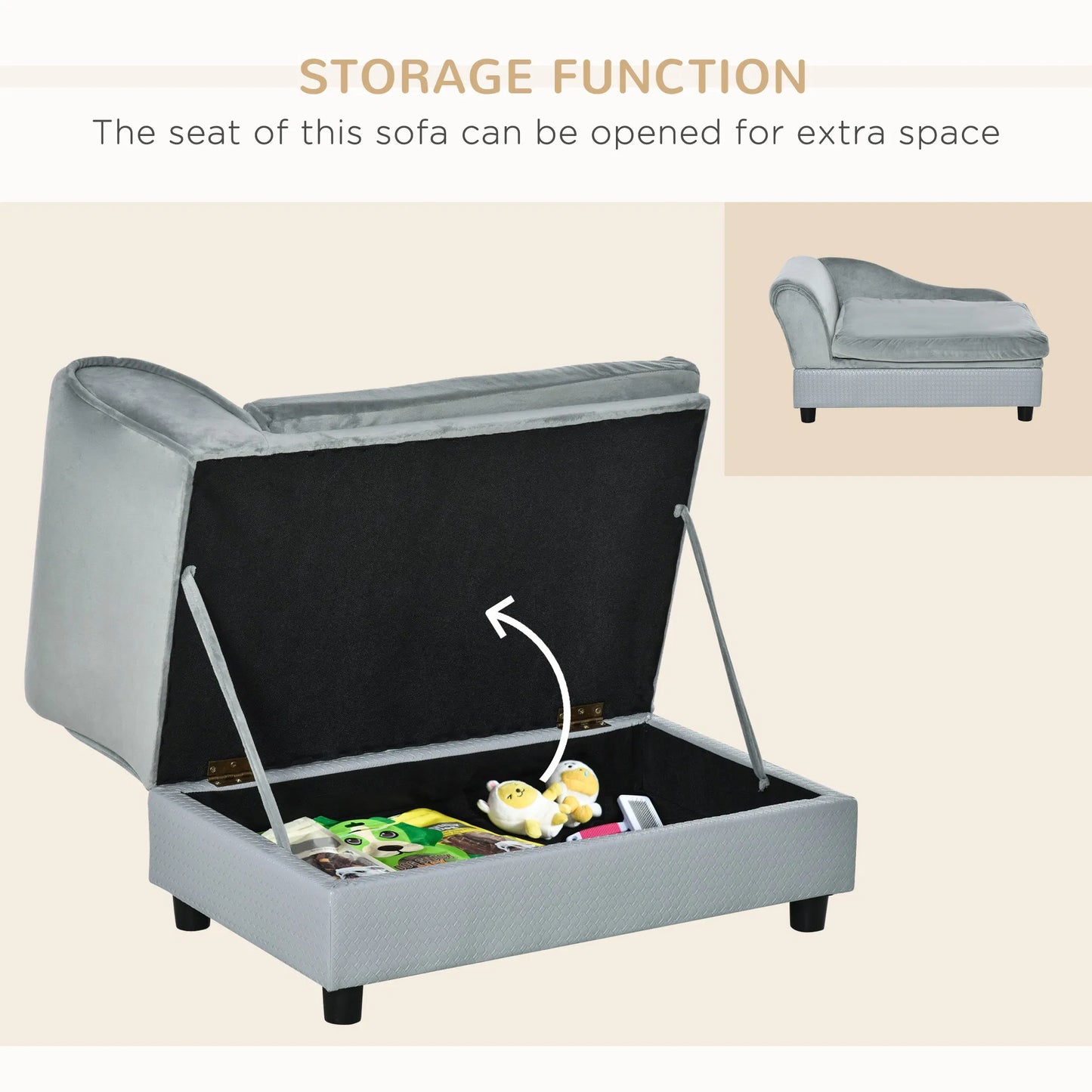 Grey Dog Bed with Hidden Storage, Soft Foam Couch for Small Dogs