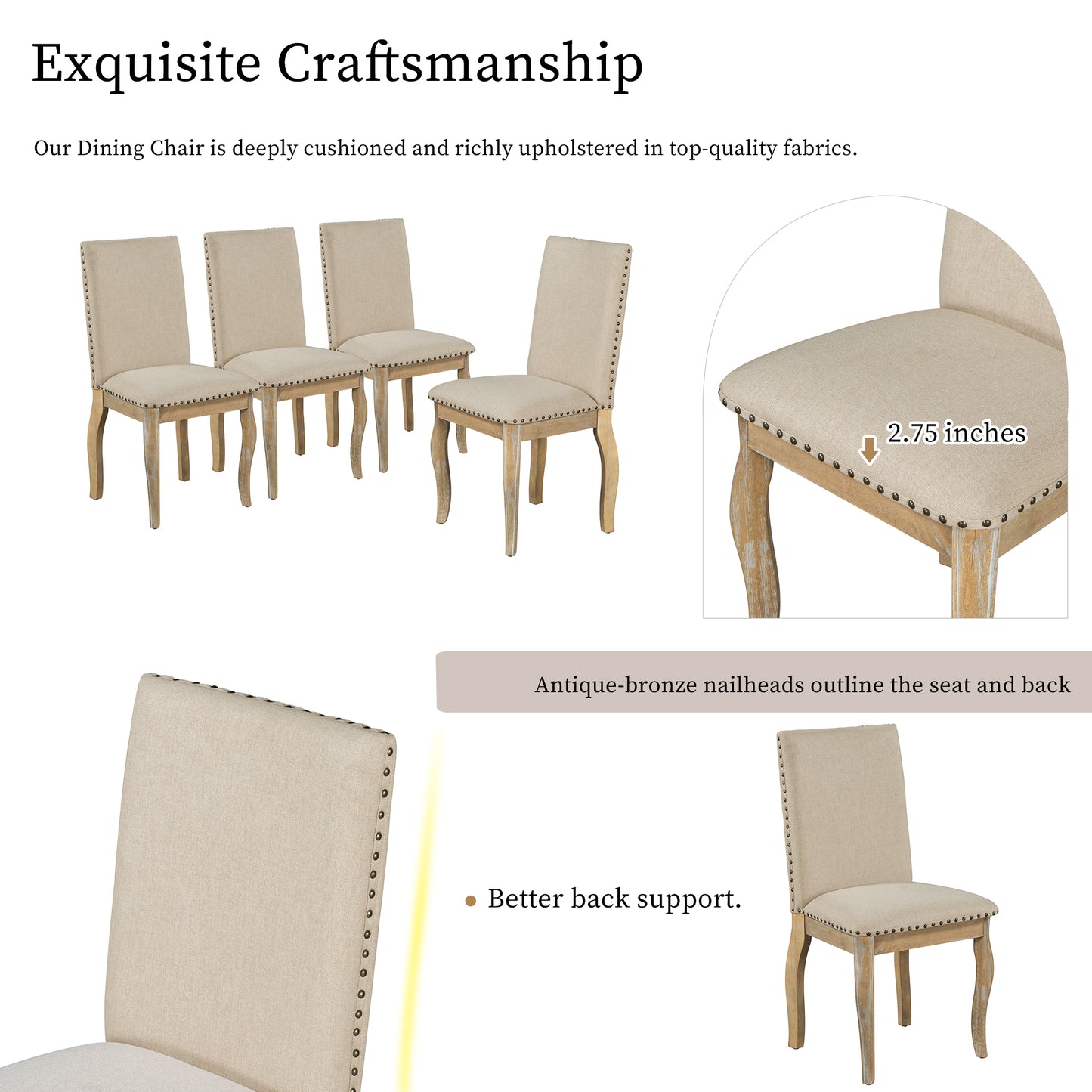 Set of 2 Upholstered Dining Chairs with Nailhead - Natural Wood Wash