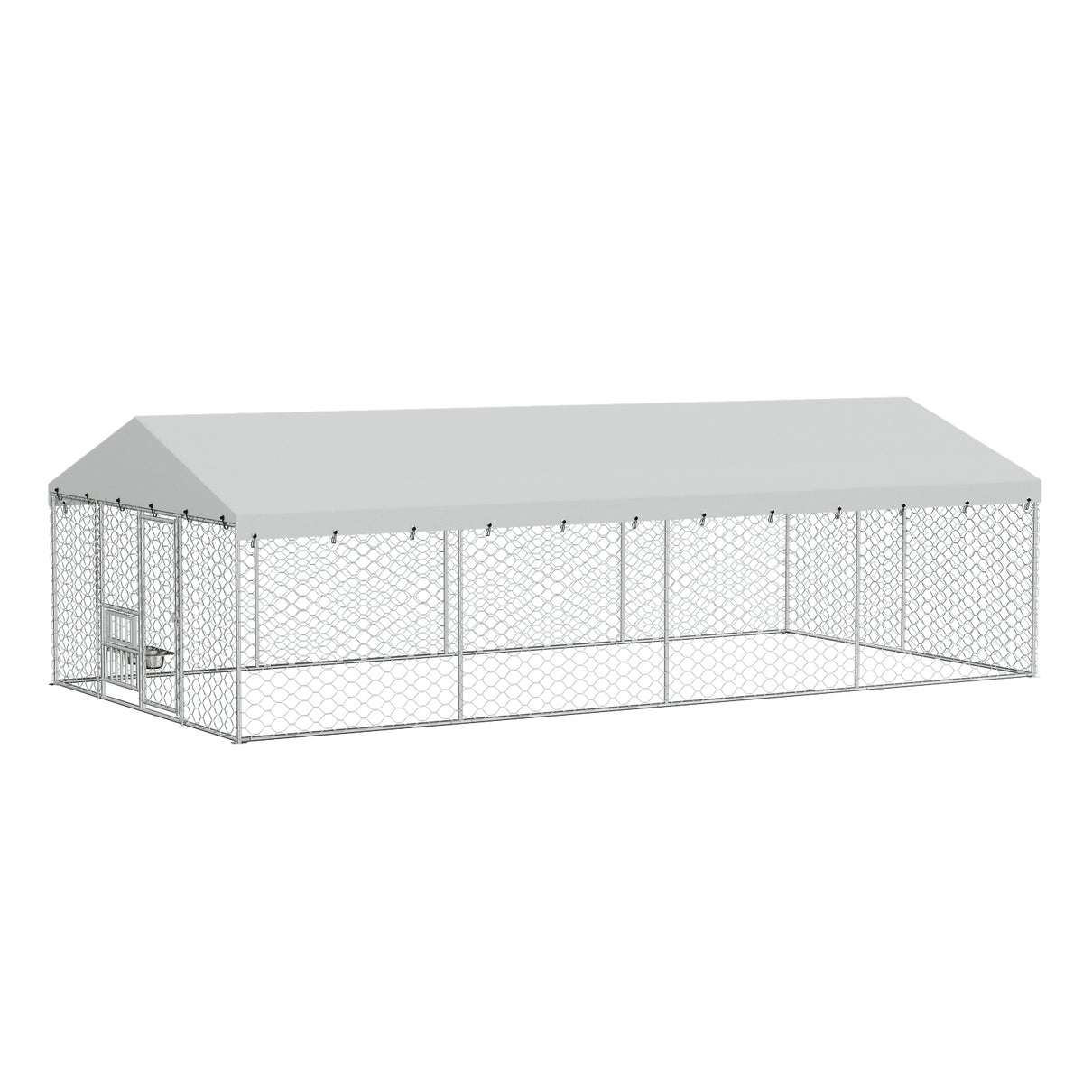 Large Outdoor Dog Kennel with Canopy - Heavy Duty Galvanized Steel Frame, Waterproof Cover, Elevated Feeders, Escape-Proof Locking Pet Run