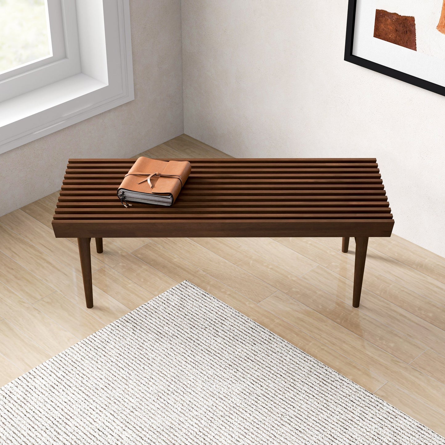 Mia Mid Century Modern Solid Wood Bench With Natural Walnut Stain