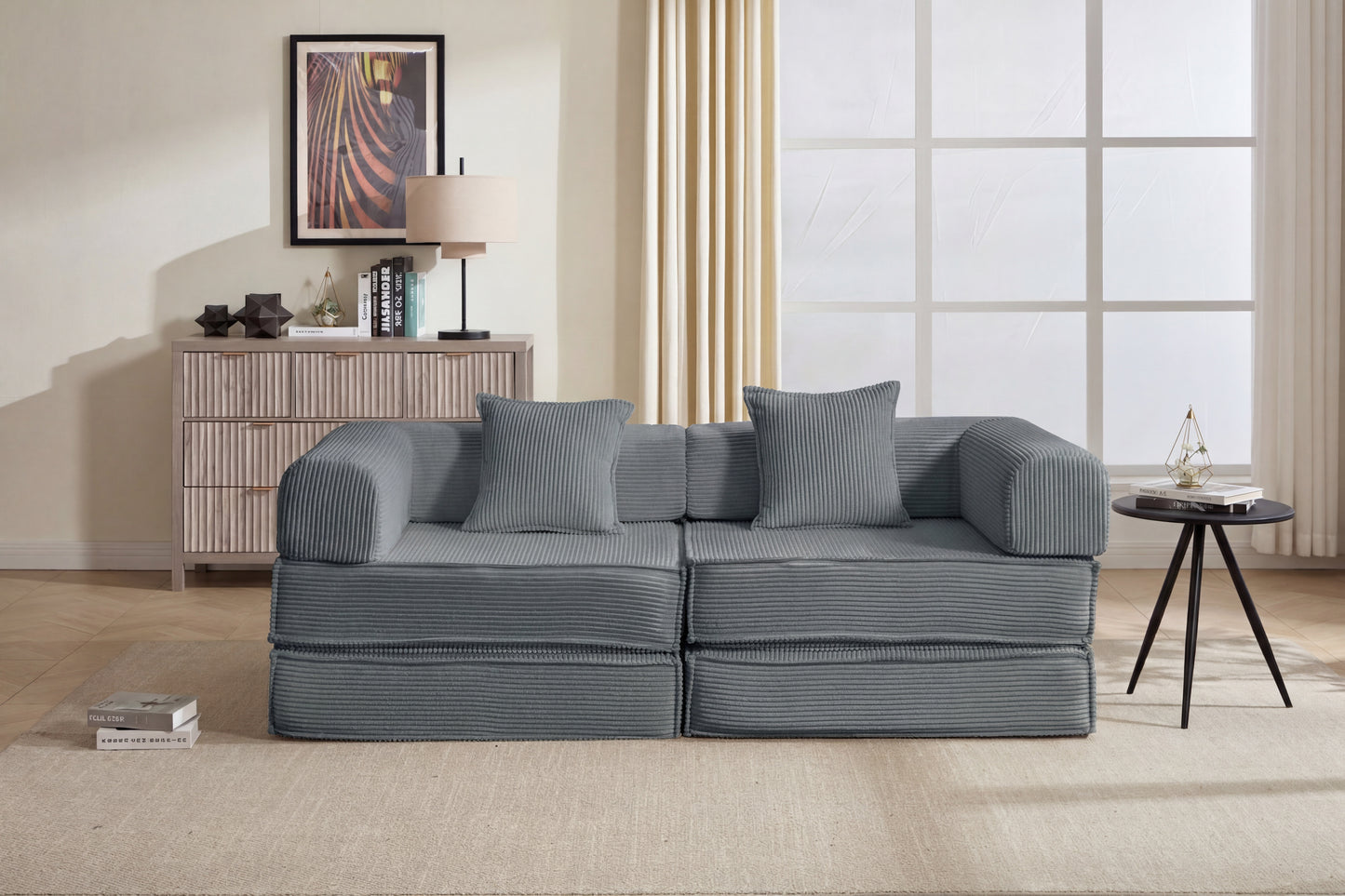 78" Convertible Sofa Bed - Modular Corduroy Couch with 2 Pillows - Grey