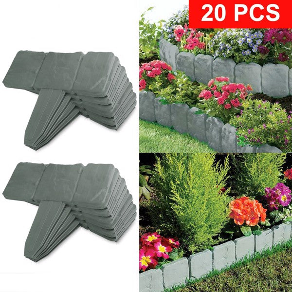 Flexible Garden Edging - Imitation Stone Effect Lawn Border, Non-Digging Gray Plastic Yard Edge, 20 Pieces