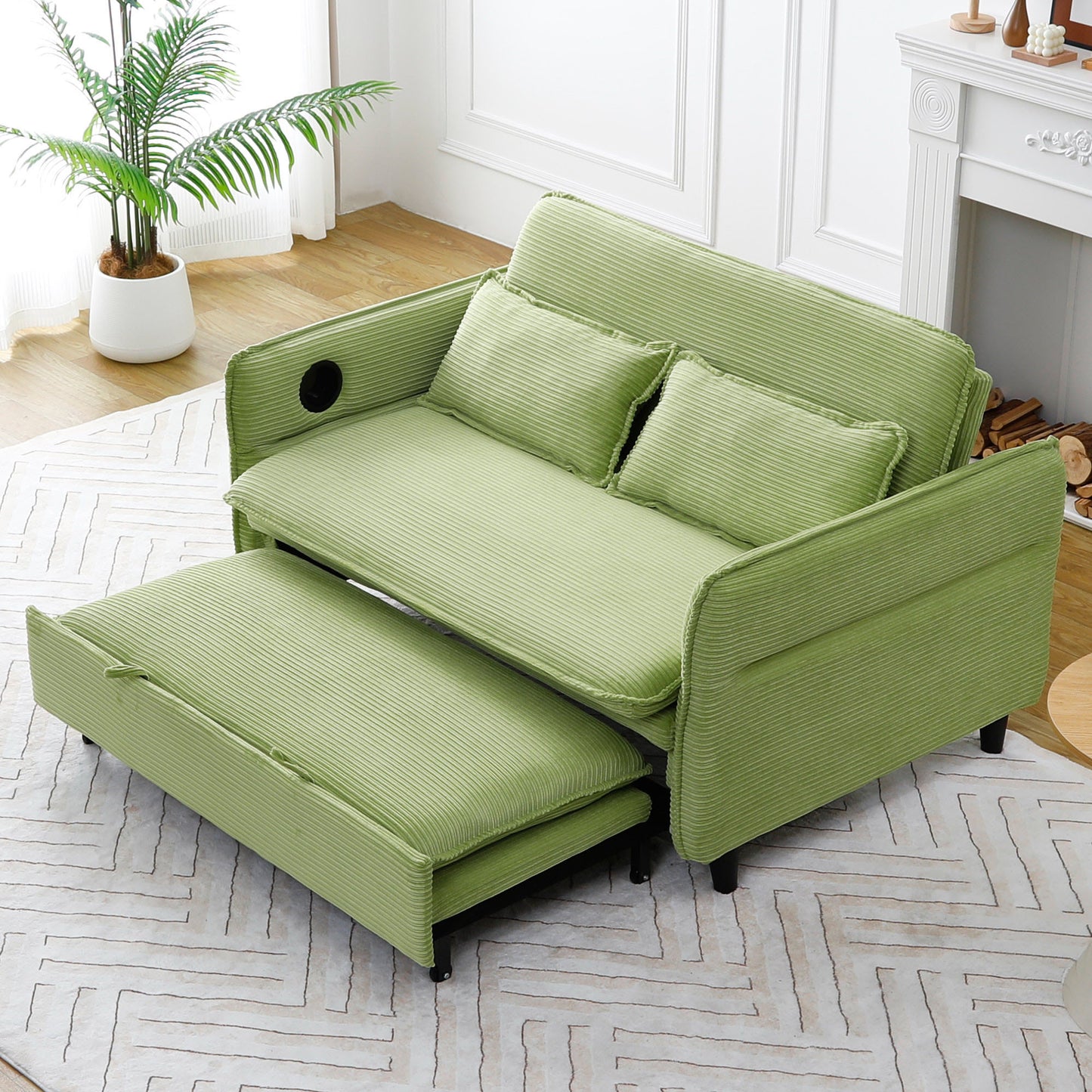 65.74-Inch Green Multi-Functional Sofa Bed with Adjustable Armrests