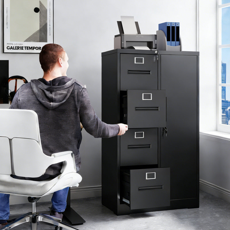 Metal Vertical Filing Cabinet with Lock - 4 Drawers & Door, Black