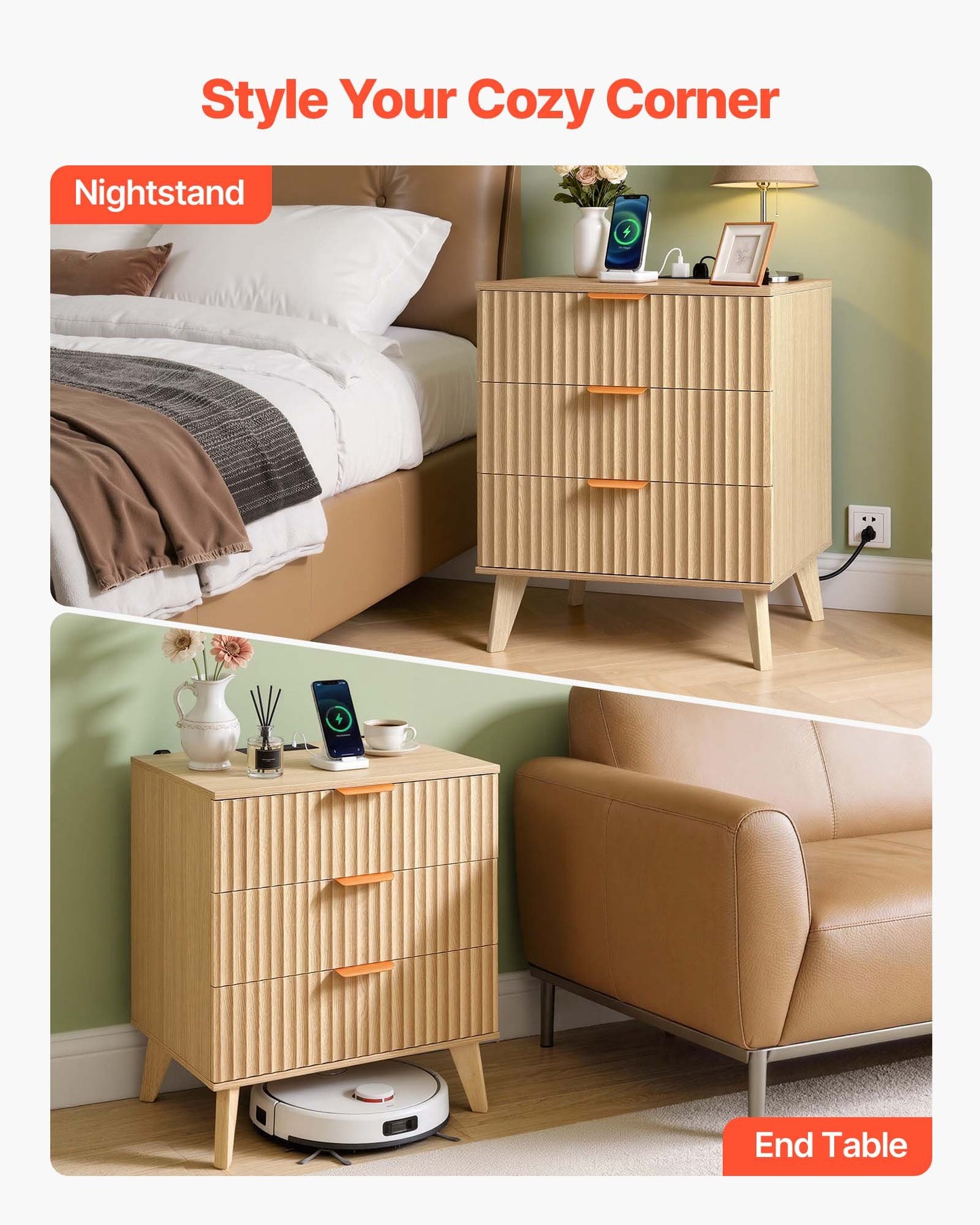 Nightstand with Charging Station & 3 Drawers - Mid Century Modern Bedside Table