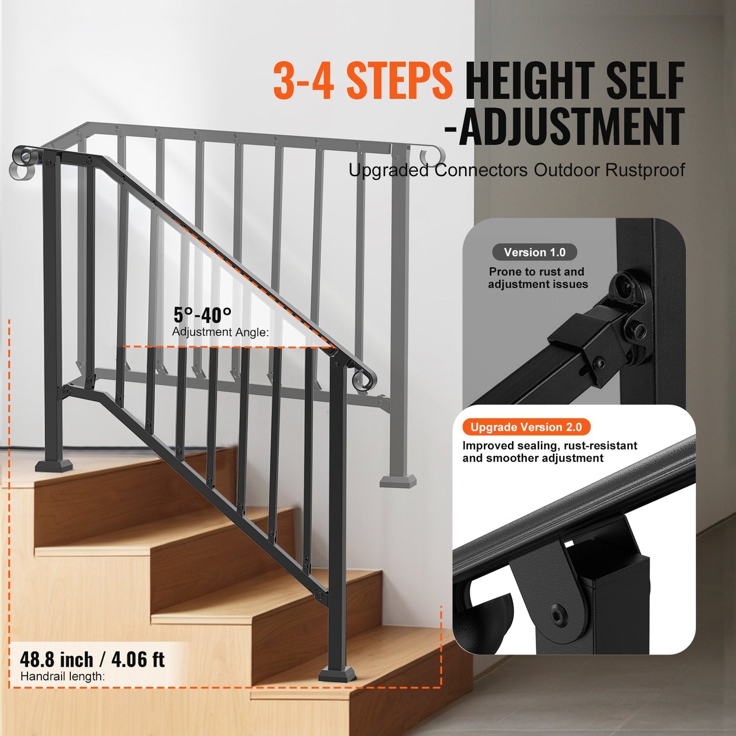 Outdoor Handrail for Steps - Black 3-4 Step Porch Deck Safety Railing