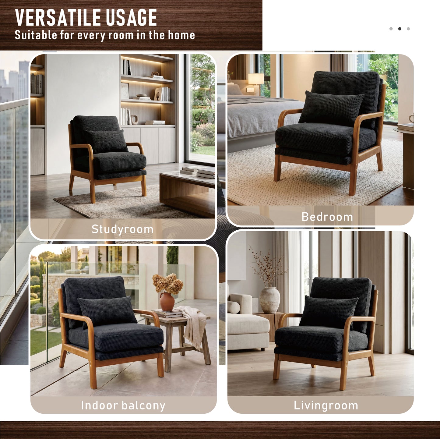 Mid-Century Modern Wooden Lounge Chair - Dark Gray Fabric