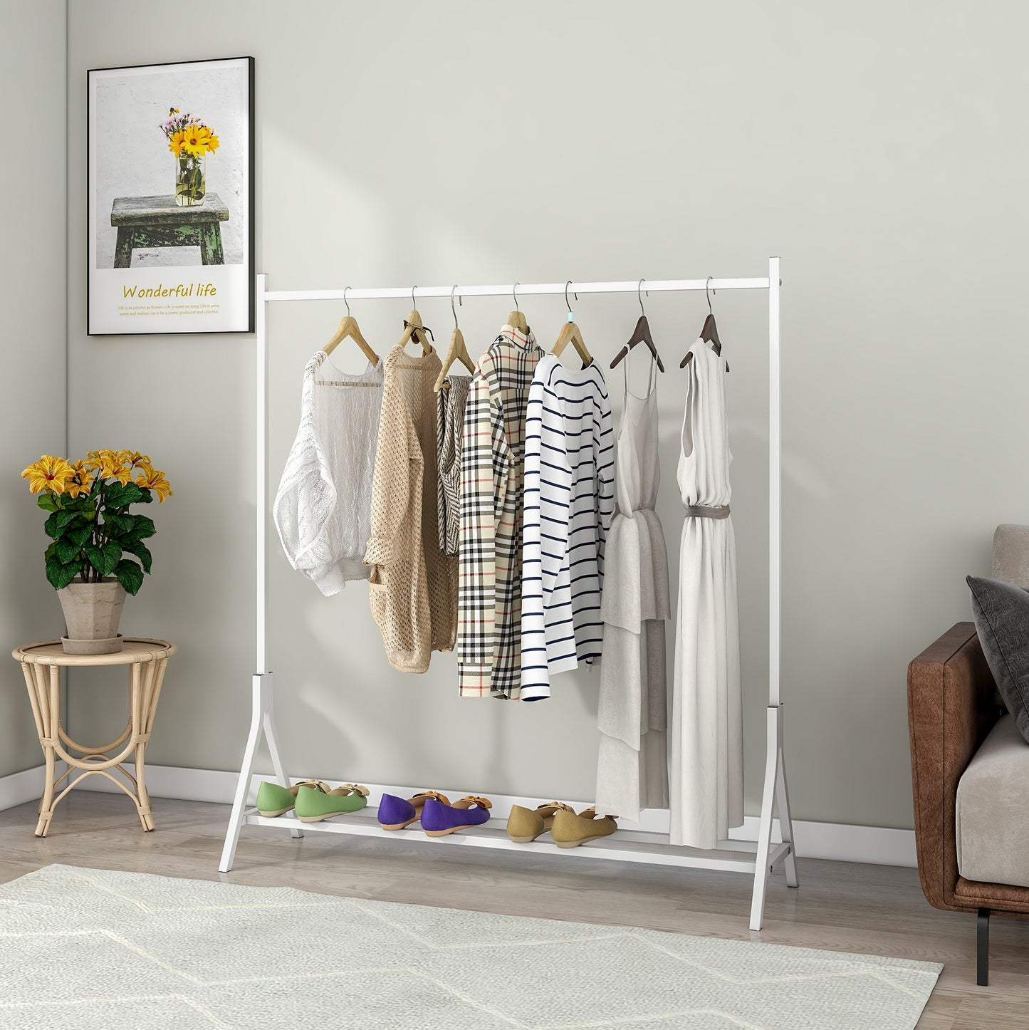 Freestanding White Garment Rack - Multi-Functional Clothing Hanger