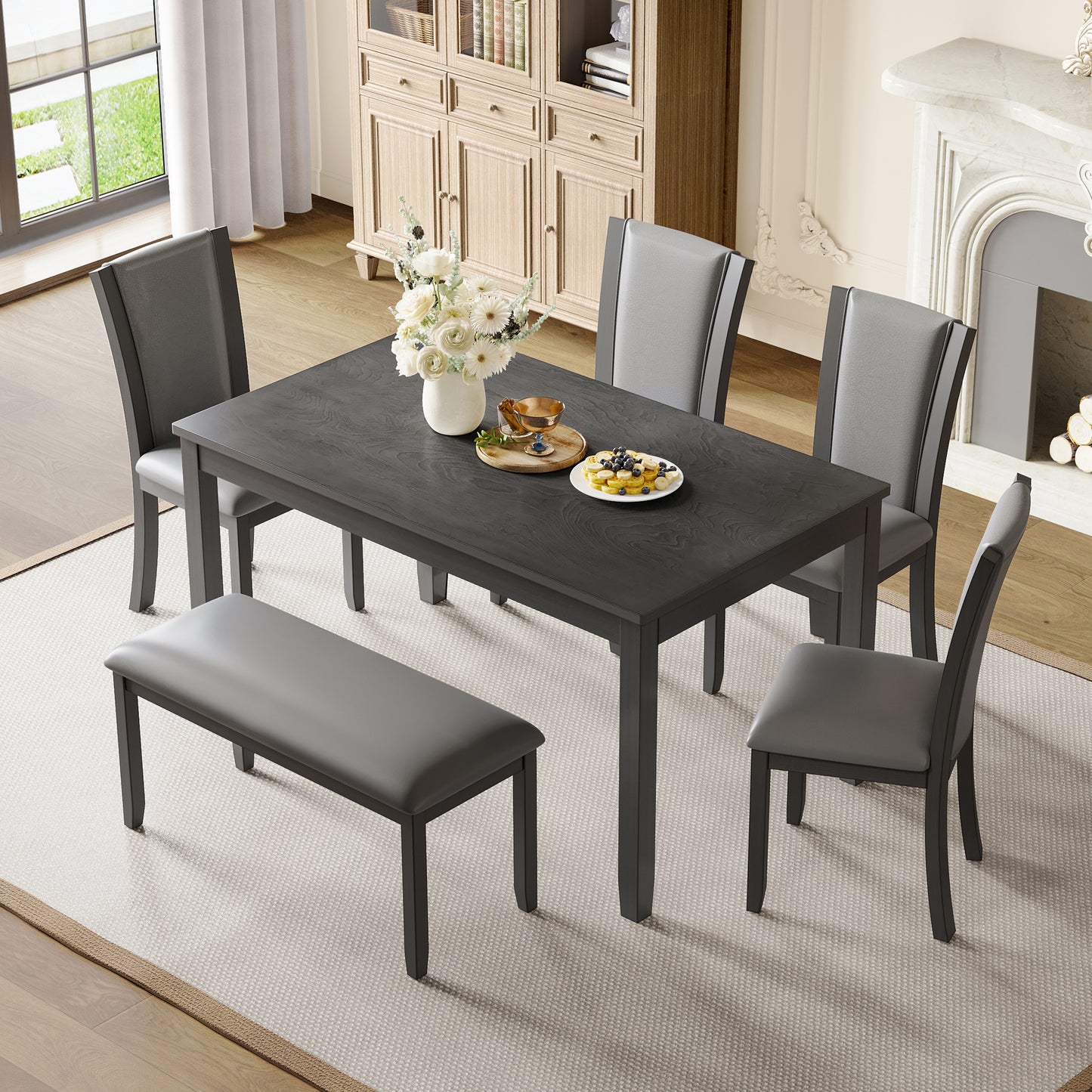 6-Piece Wooden Dining Table Set with Bench and Chairs - Gray