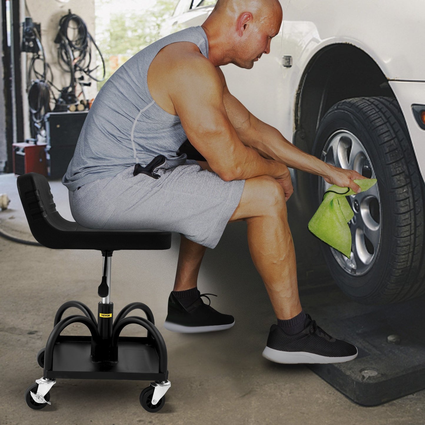 Adjustable Rolling Garage Stool - 300LBS Capacity, Tool Tray