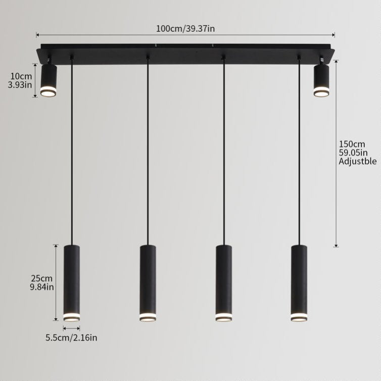 6-Light Matte Black Kitchen Island Pendant Light Fixture, Adjustable Cylinder Design