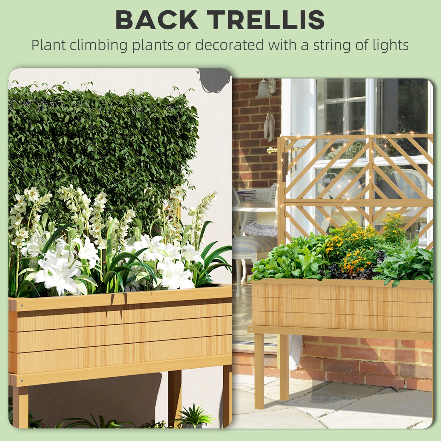 Wooden Garden Planter with Trellis for Climbing Plants, Raised Bed, Natural Finish