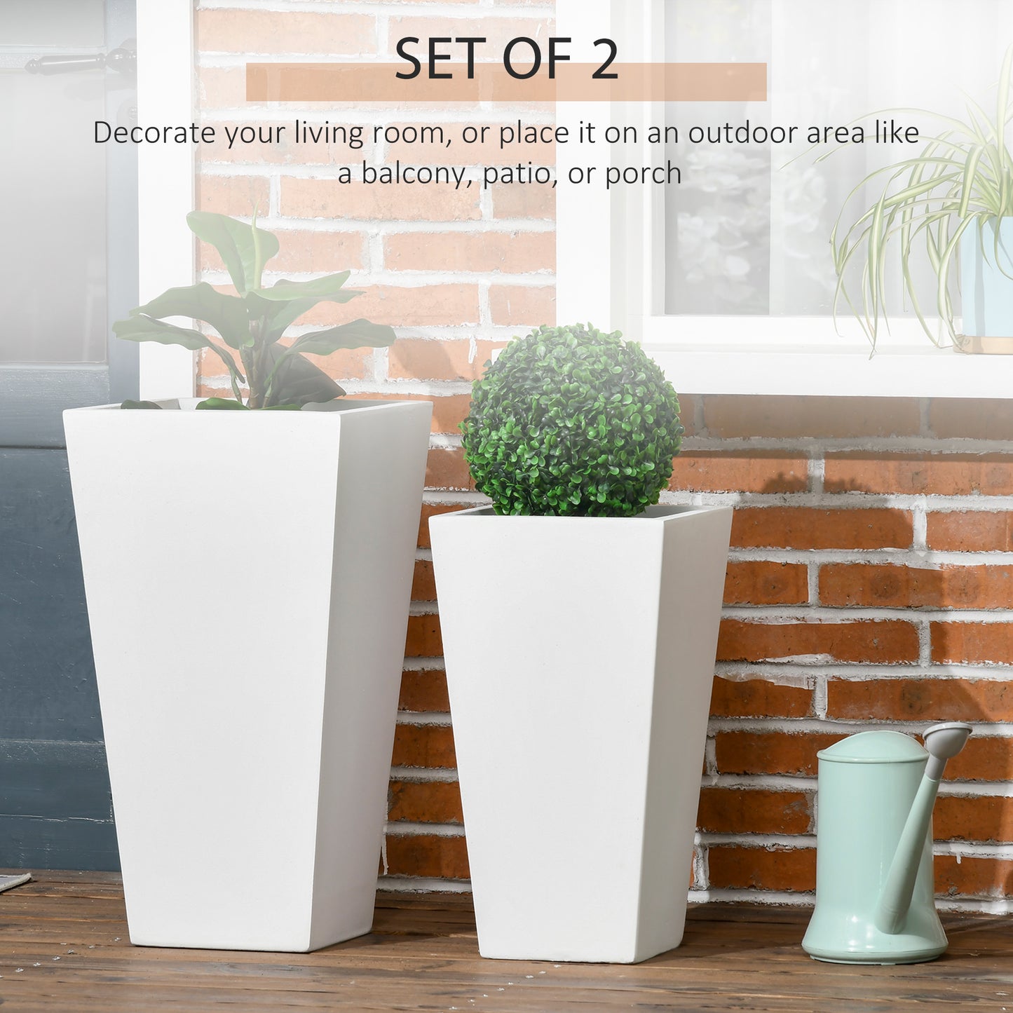 Outdoor Plant Pot Set with Drainage Holes - Large White Garden Planters, Stackable, 18in & 22in