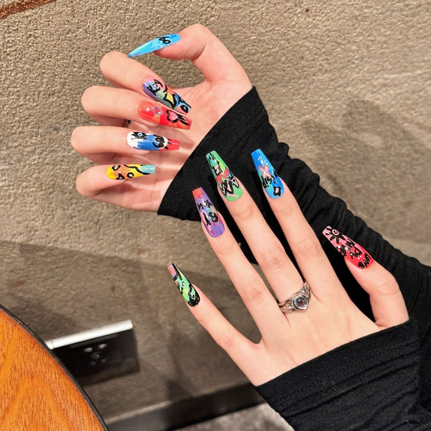 Graffiti French Style Press-On Nails - Long Wearable Nail Art Kit