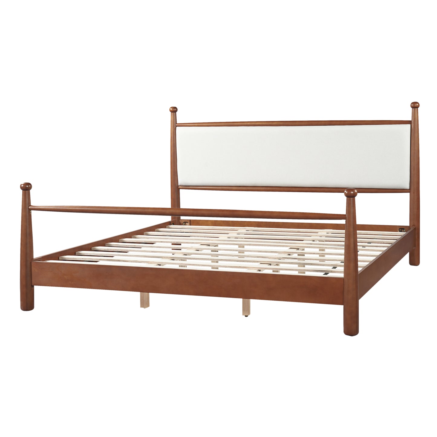 King Bed Frame with Upholstered Headboard - Solid Poplar & Plywood - Beige Walnut