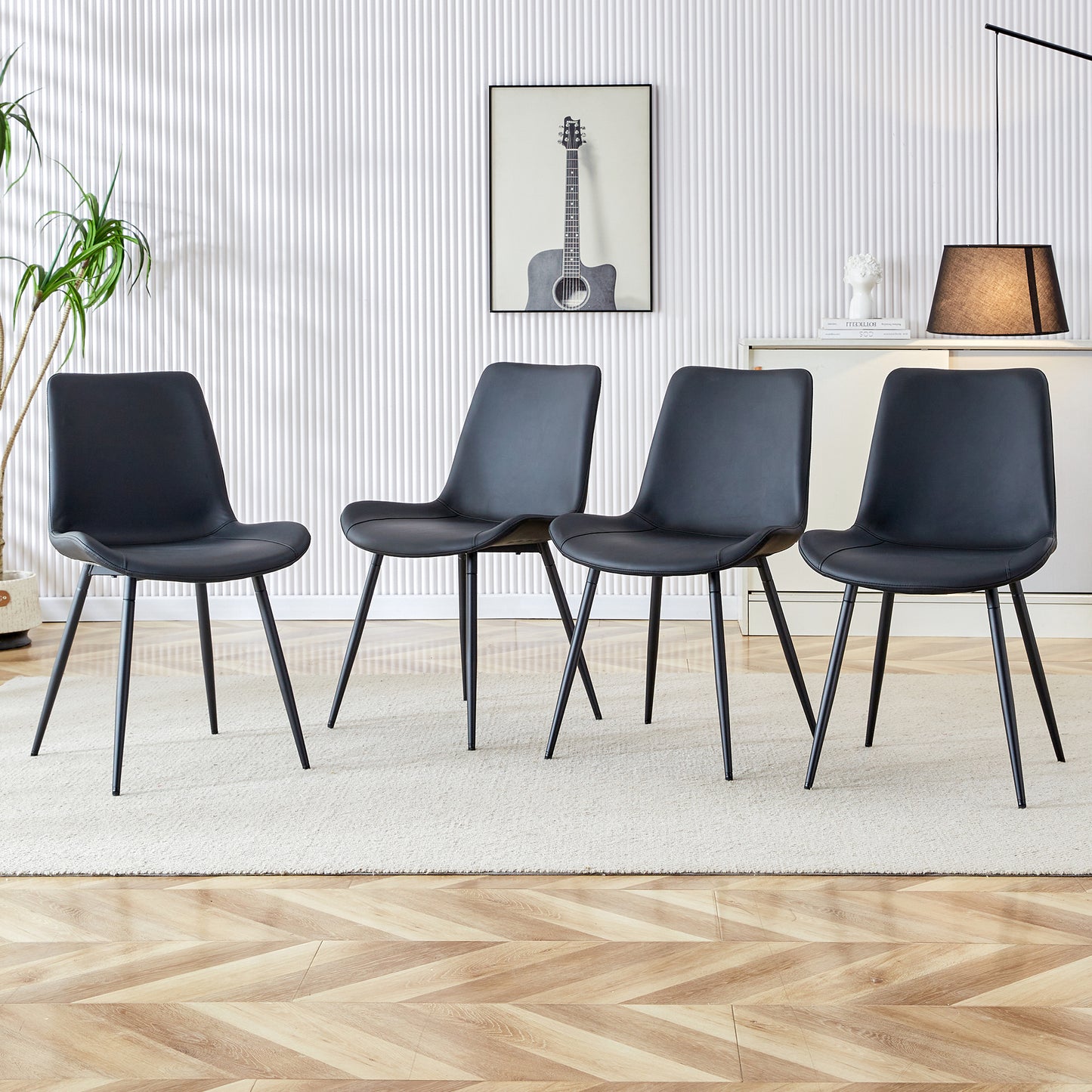 Black Artificial Leather Backrest Cushion Dining Chair, Metal Legs,
