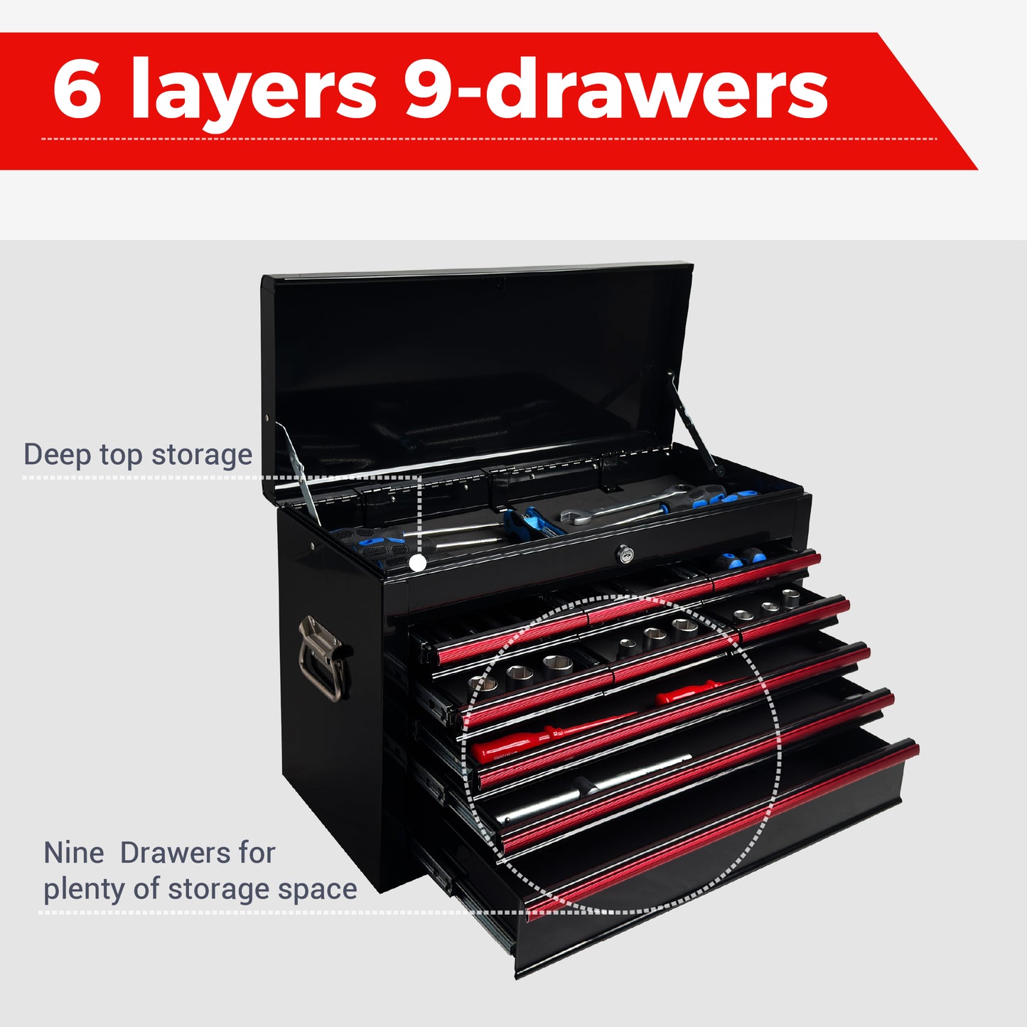 Heavy Duty Metal Tool Box 24 Inch with 9 Drawers & Locking Mechanism - Black