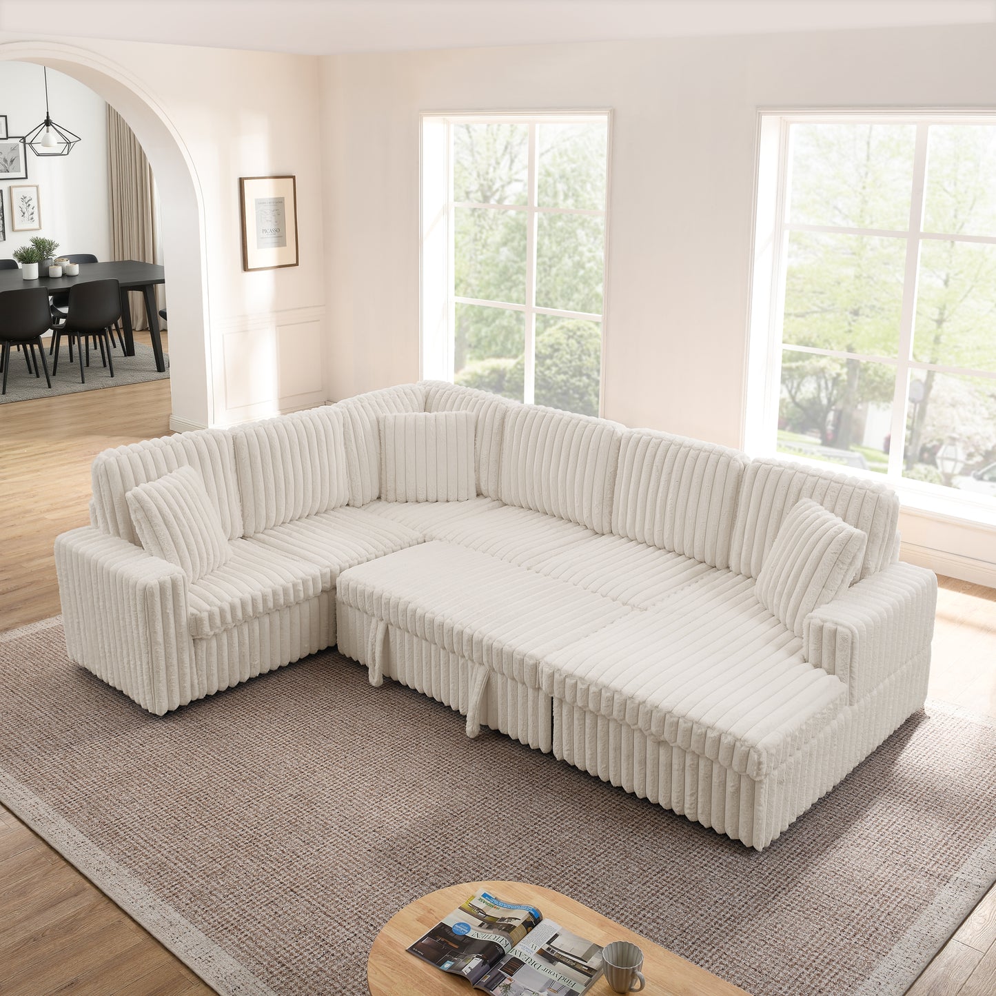 Modern Minimalist Corduroy Striped U-Shaped Sofa Bed - Beige